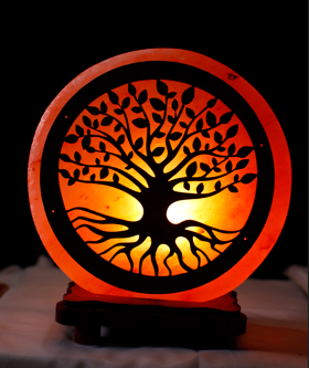 5kg Round Wooden Tree Of Life Shaped Himalayan Salt Lamp - Marble Base (12V)